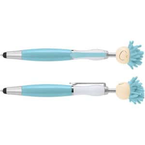 A stylus pen set featuring two pens with a light blue body and playful mop-top design on the top. Each pen has a branding logo.