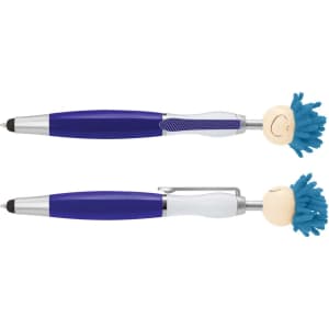 Two stylus pens with blue hair toppers, featuring a smiling face and a mix of blue and white bodies.