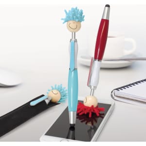 Three stylus pens with colourful pom-pom toppers in blue and red, featuring smiley face designs and a branding logo.