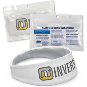 A white active cooling sweat band with a logo, accompanied by a clear packaging bag.