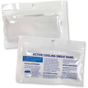 A white active cooling sweat band packaged in a clear plastic bag with a logo.