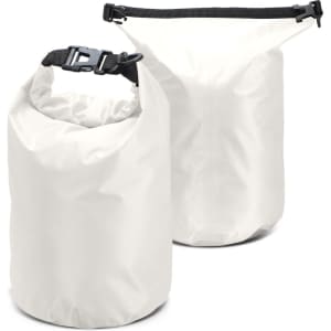 Two Nevis Dry Bags in white, featuring a roll-top closure and a sturdy buckle. One bag is smaller than the other.