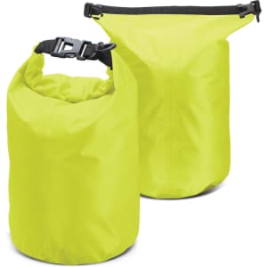 A bright yellow dry bag with a roll-top closure, featuring black straps and buckle. Suitable for a variety of outdoor activities.