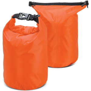 An orange 5L dry bag with a secured top closure and a buckle. The material is waterproof and textured.