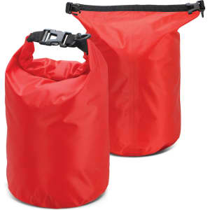 Red Nevis Dry Bags, 5L size, featuring a secure roll-top closure and adjustable strap. Includes a brand logo.