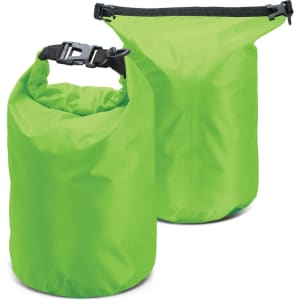 A bright green dry bag with a roll-top closure and adjustable strap. It features a logo on the side.