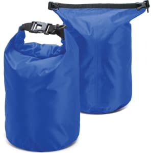 A blue dry bag featuring a roll-top closure and a black adjustable strap. It has a simple, sleek design.