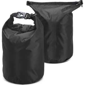 A black waterproof dry bag with a buckle closure, featuring a smooth finish and a cylindrical design.