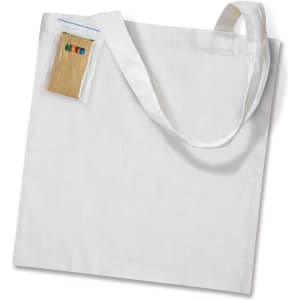 A colouring tote bag featuring a blank canvas design and an attached pack of colour markers.