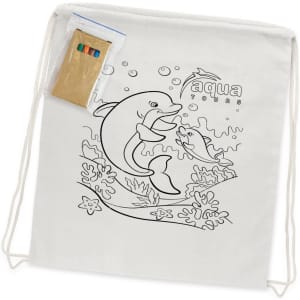 A cotton colouring drawstring backpack in white, featuring a dolphin design and a pack of colouring pens.