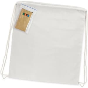 A white cotton drawstring backpack with two coloured fabric markers attached in a small plastic bag.