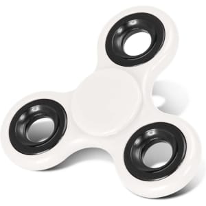 A fidget spinner featuring a white body and black bearings in each arm.