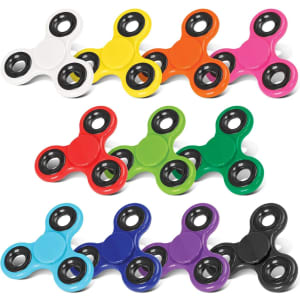 A collection of fidget spinners in various colours: white, yellow, orange, red, green, blue, purple, and black, with a logo.