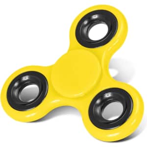 A yellow fidget spinner with black bearings.