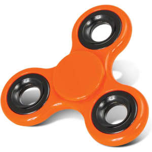 A fidget spinner in vibrant orange with black accents and three arms for spinning.
