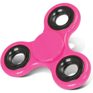 A fidget spinner in vibrant pink with black accents and three arms for spinning.