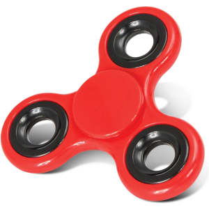A red fidget spinner with black accents and three spinning arms.