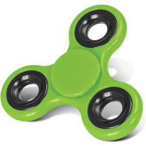 A green fidget spinner with black bearing rings.