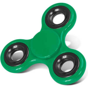 A fidget spinner in vibrant green color with black bearing caps.