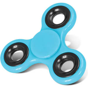 A fidget spinner in a bright blue color with black accents and three arms featuring circular cutouts.