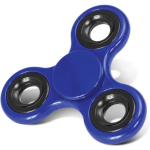A blue fidget spinner with black bearings at each arm.