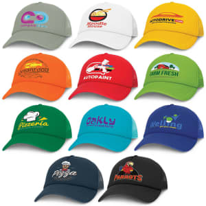 A collection of trucker caps in various colours, featuring different logos and branding designs.