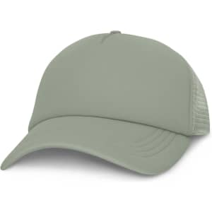 A light green trucker cap featuring a solid front and mesh back, including a logo on the front.