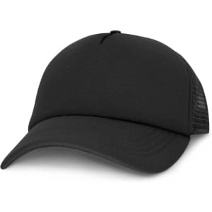 A black trucker cap with a solid front and mesh back, featuring a branded logo.