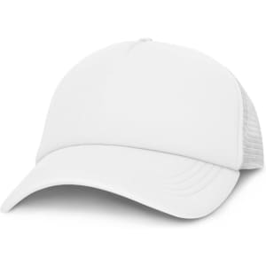 A white mesh trucker cap with a structured front and a curved brim. The cap features mesh panels for ventilation.
