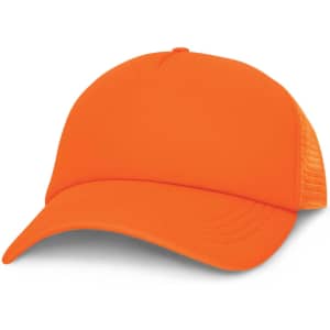 An orange trucker cap featuring a solid front and mesh back, complete with a logo.