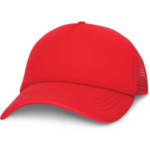 A red trucker cap with a solid front panel and mesh back.