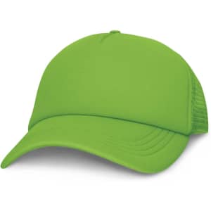 A bright green trucker cap featuring a solid front panel and mesh back.
