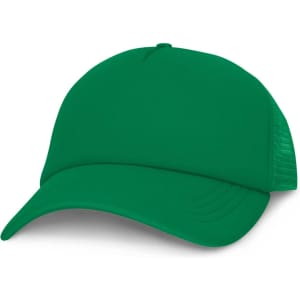 A green mesh trucker cap featuring a structured front and breathable back panel.