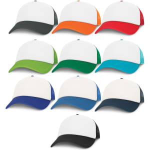A display of ten trucker caps featuring a white front and various coloured mesh backs, including grey, orange, green, blue, and more.