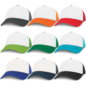 A series of trucker caps featuring a white front with different coloured mesh backs, including black, orange, red, green, teal, and blue.