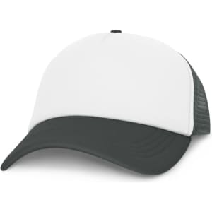 A trucker cap featuring a white front and a dark green visor and mesh back.