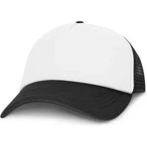 A trucker cap featuring a white front and a black mesh back. The cap has a curved brim and a structured design.