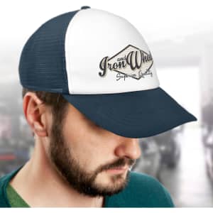 A white and navy trucker cap featuring a logo on the front. The cap has a mesh back for breathability.