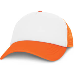 A trucker cap featuring a white front and bright orange mesh back.