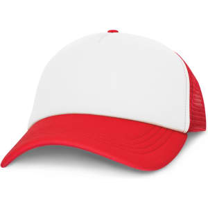 A trucker cap featuring a white front and red mesh back.