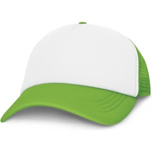 A trucker cap featuring a white front and a bright green mesh back and visor.