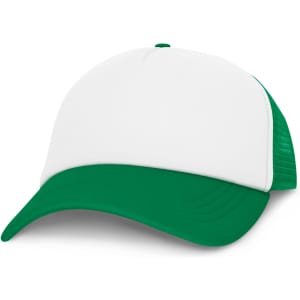 A trucker cap featuring a white front with a green visor and mesh back.