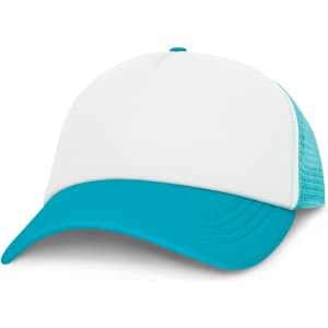 A trucker cap featuring a white front and turquoise mesh side panels.