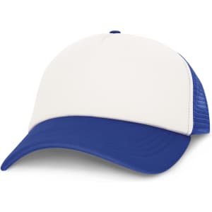 A trucker cap with a white front and blue brim and mesh sides.