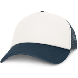 A trucker cap with a white front and a dark navy brim and mesh back.