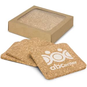 A square set of four natural cork coasters with a box, featuring a logo on each coaster.