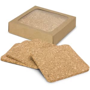 A square set of four natural cork coasters, presented in a cardboard box with a clear window.