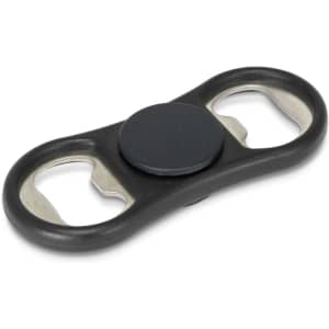 A drink bottle opener in black, featuring two bottle cap remover ends and a central spinner section.