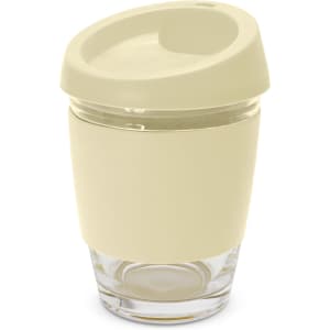 A drink bottle featuring a cream-coloured lid and a transparent glass base, with a logo on the side.