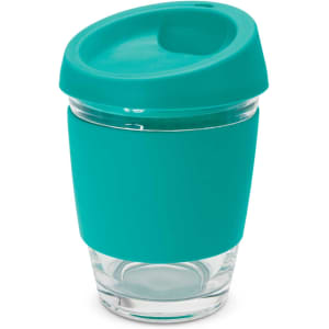 A drink bottle featuring a clear glass base, teal silicone sleeve, and matching lid. It has a logo on the lid.